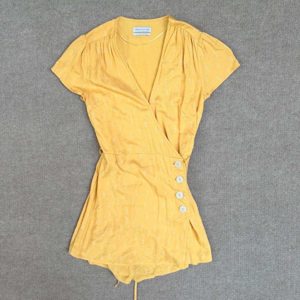 Urban Outfitters Yellow Wrap Romper Diamond Print Button Side Short Sleeve Small